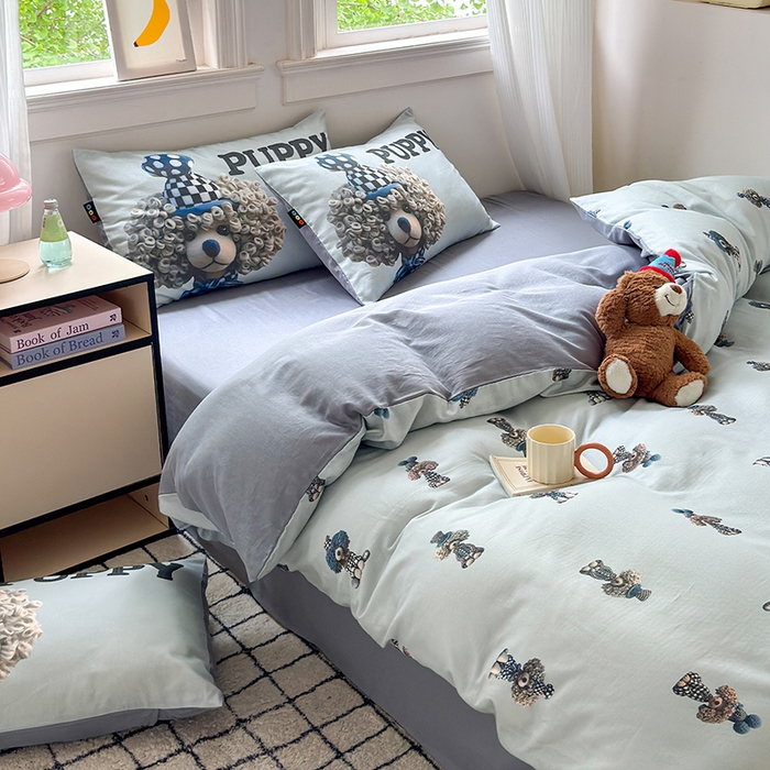 91家纺网 家纺一手货源 找家纺 RYB红黄兰 2025新款ins卡通设计师原创5D立体数码全棉纯棉双层纱四件套系列 雾蓝小狗