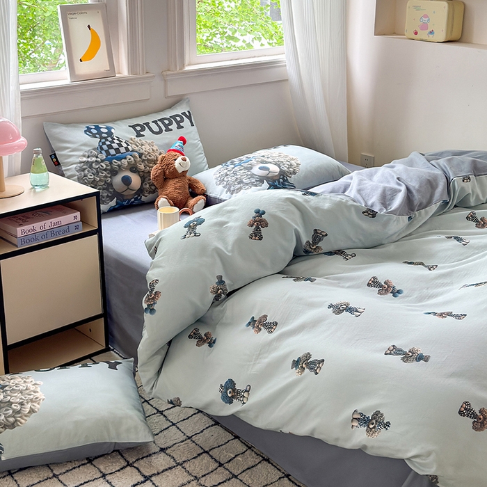 91家纺网 家纺一手货源 找家纺 RYB红黄兰 2025新款ins卡通设计师原创5D立体数码全棉纯棉双层纱四件套系列 雾蓝小狗