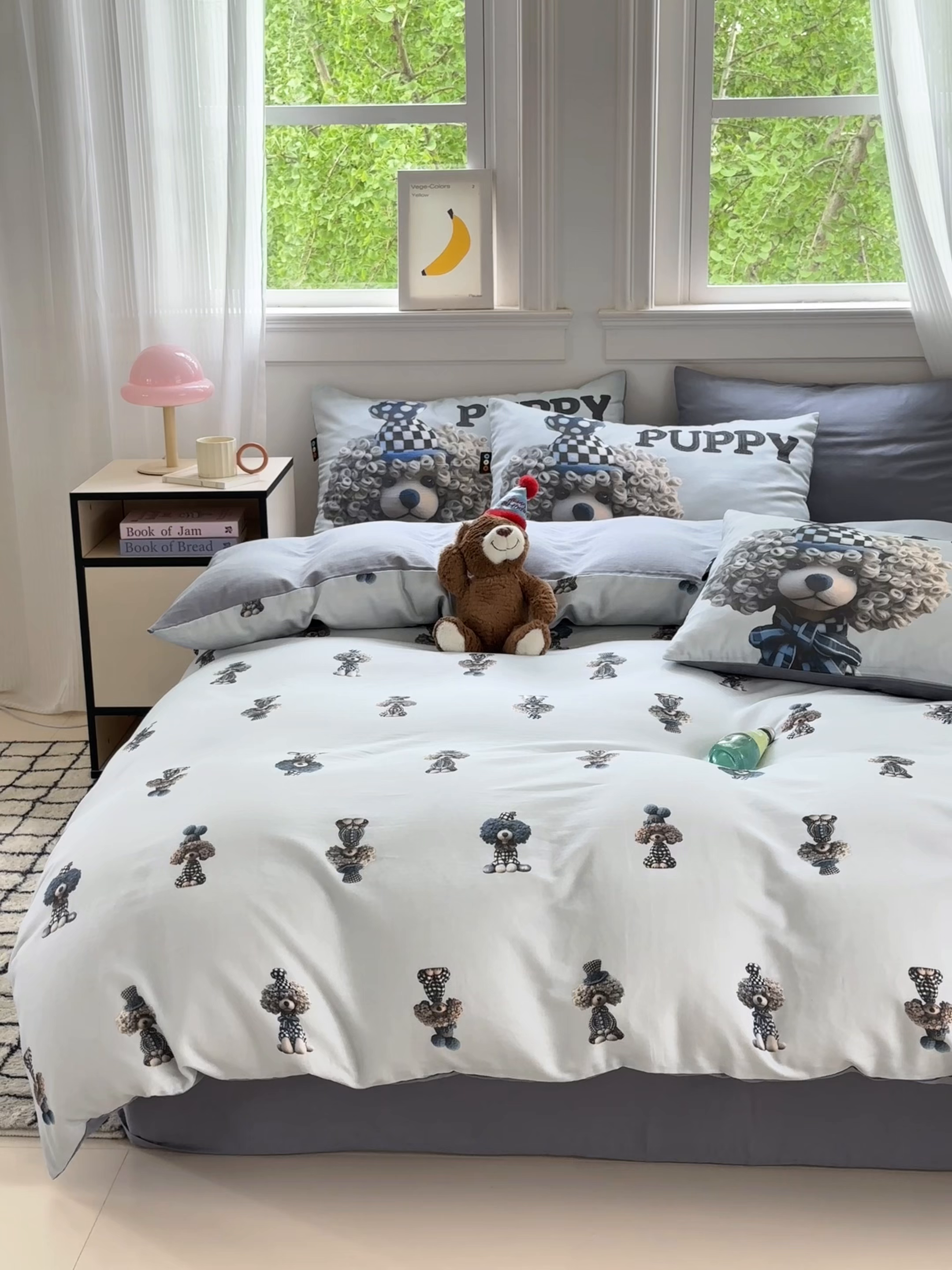 91家纺网 家纺一手货源 找家纺 RYB红黄兰 2025新款ins卡通设计师原创5D立体数码全棉纯棉双层纱四件套系列 雾蓝小狗