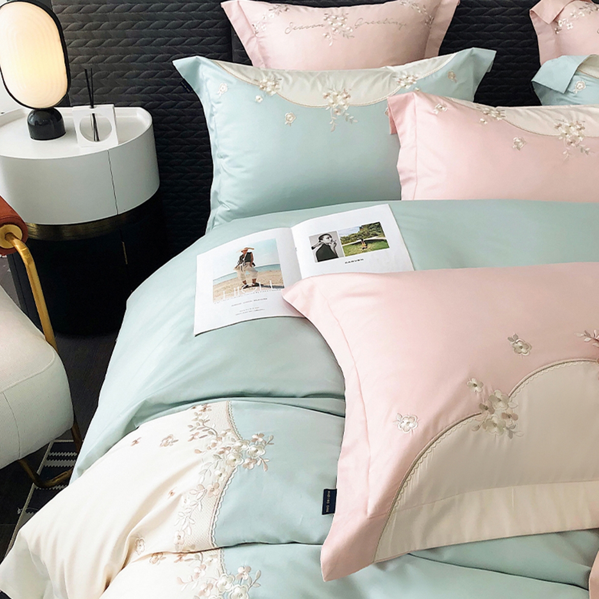 91家纺网 家纺一手货源 找家纺 佳汐蓝家纺 2025新款A类100支长绒棉纯棉四件套-花城秘境 花城秘境-蓝