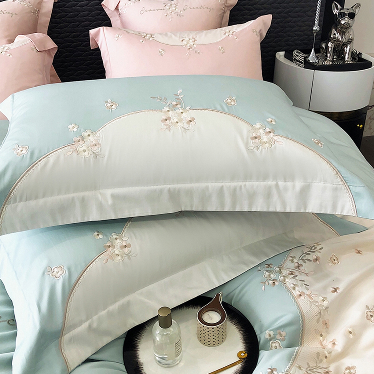 91家纺网 家纺一手货源 找家纺 佳汐蓝家纺 2025新款A类100支长绒棉纯棉四件套-花城秘境 花城秘境-蓝