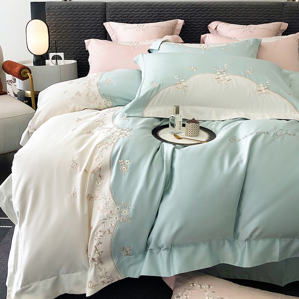 91家纺网 家纺一手货源 找家纺 佳汐蓝家纺 2025新款A类100支长绒棉纯棉四件套-花城秘境 花城秘境-蓝