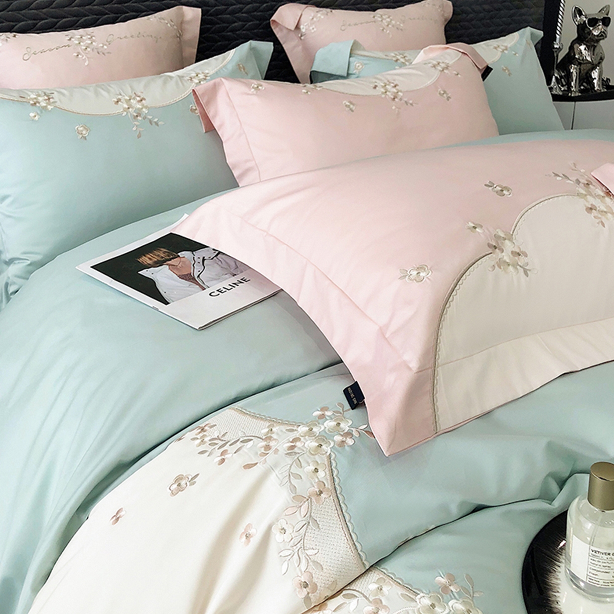 91家纺网 家纺一手货源 找家纺 佳汐蓝家纺 2025新款A类100支长绒棉纯棉四件套-花城秘境 花城秘境-蓝