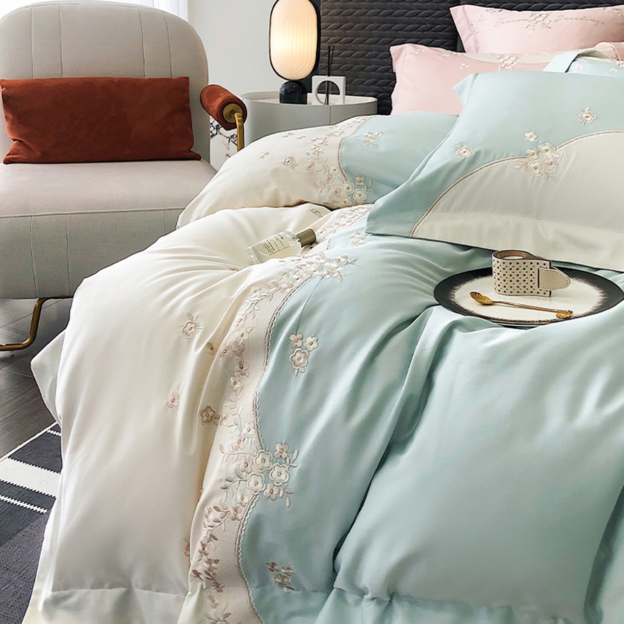 91家纺网 家纺一手货源 找家纺 佳汐蓝家纺 2025新款A类100支长绒棉纯棉四件套-花城秘境 花城秘境-蓝