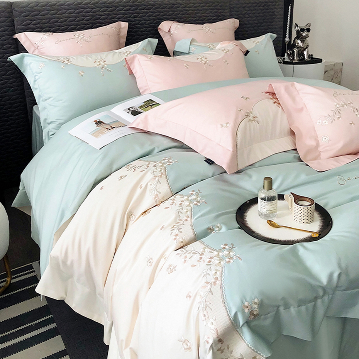 91家纺网 家纺一手货源 找家纺 佳汐蓝家纺 2025新款A类100支长绒棉纯棉四件套-花城秘境 花城秘境-蓝