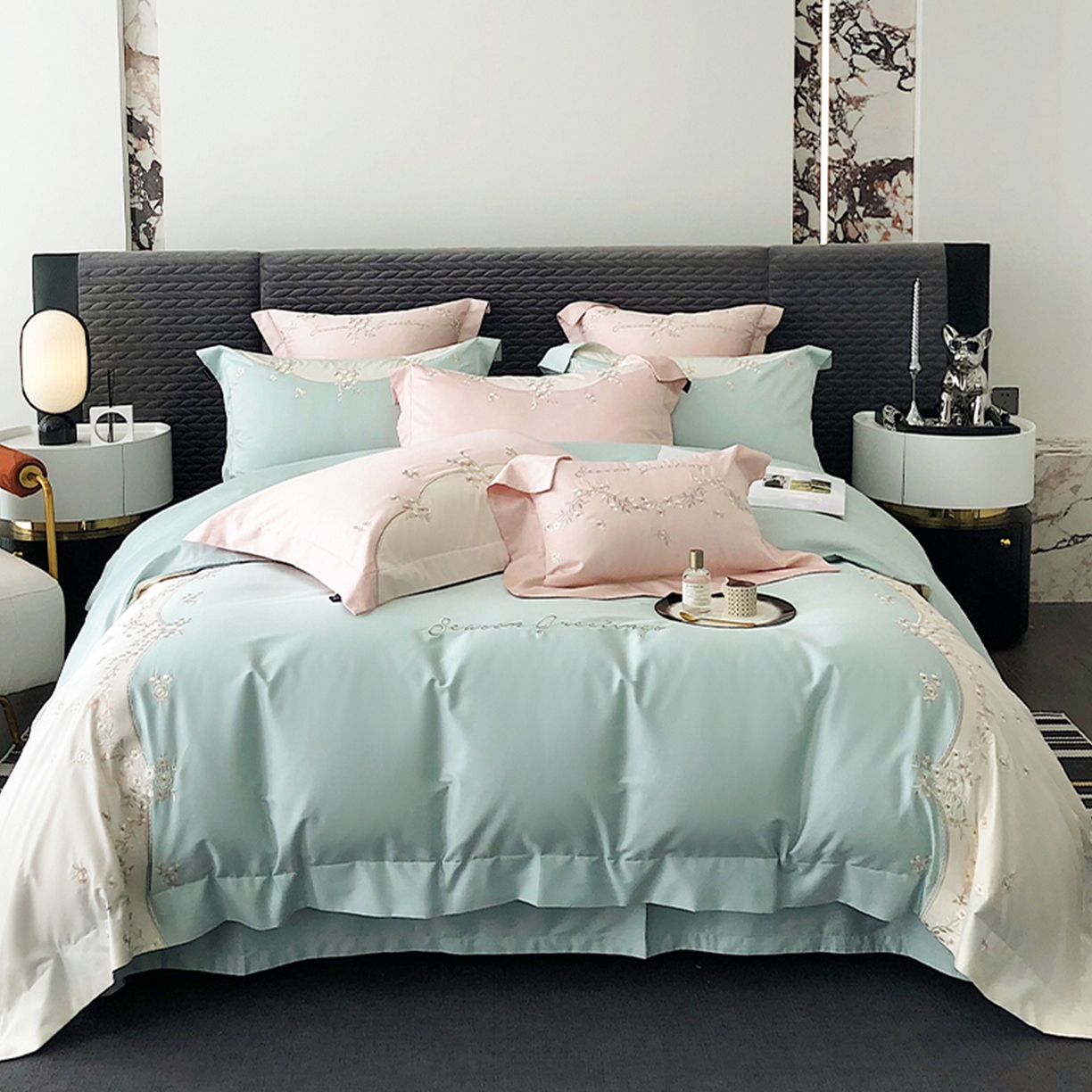 91家纺网 家纺一手货源 找家纺 佳汐蓝家纺 2025新款A类100支长绒棉纯棉四件套-花城秘境 花城秘境-蓝