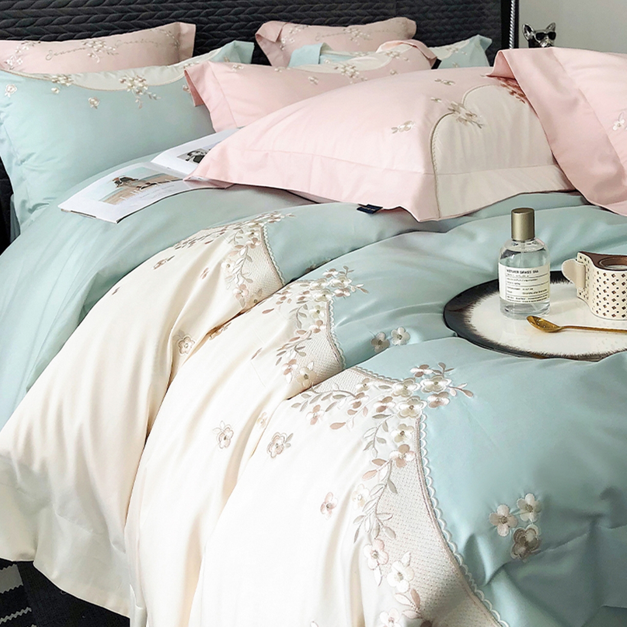 91家纺网 家纺一手货源 找家纺 佳汐蓝家纺 2025新款A类100支长绒棉纯棉四件套-花城秘境 花城秘境-蓝