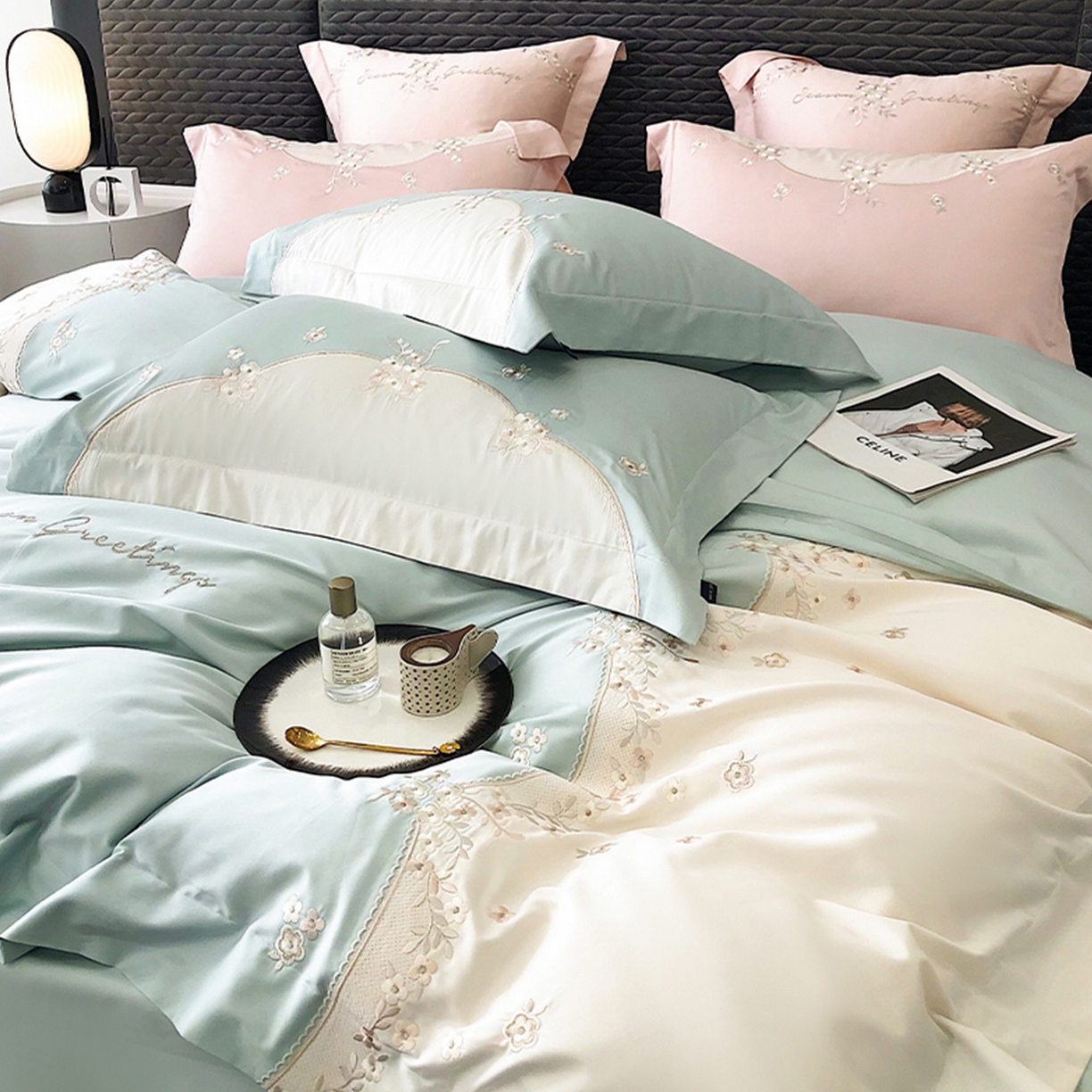 91家纺网 家纺一手货源 找家纺 佳汐蓝家纺 2025新款A类100支长绒棉纯棉四件套-花城秘境 花城秘境-蓝