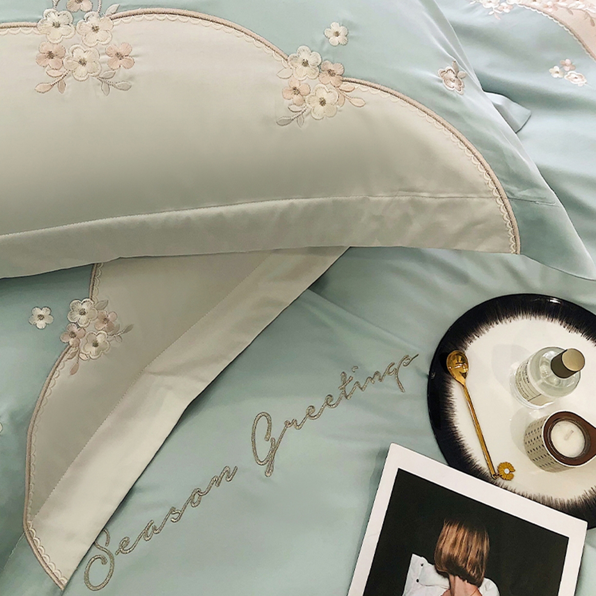 91家纺网 家纺一手货源 找家纺 佳汐蓝家纺 2025新款A类100支长绒棉纯棉四件套-花城秘境 花城秘境-蓝