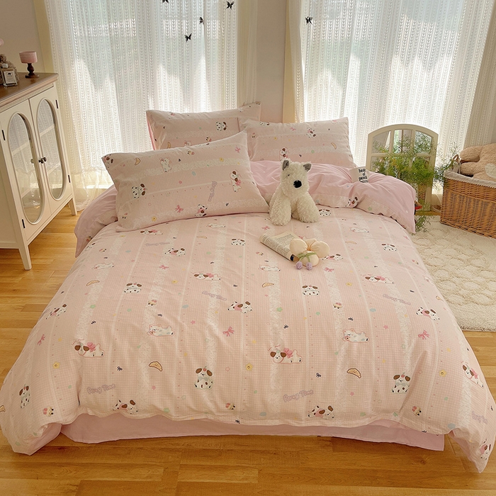 91家纺网 家纺一手货源 找家纺 瑞莱 2025新款开学季全棉纯棉萌趣印花四件套 蕾丝小狗