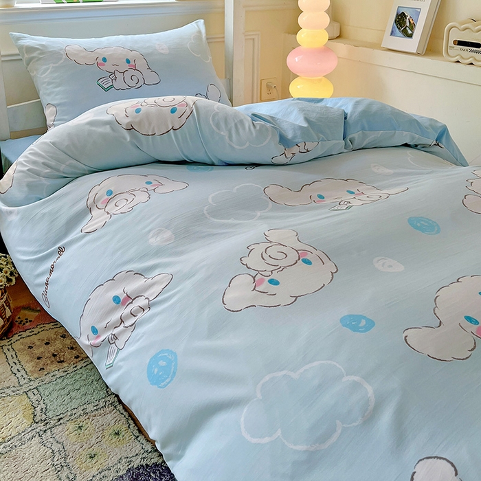 91家纺网 家纺一手货源 找家纺 海岛哥哥 2025新款A类云朵水洗棉三丽鸥正版授权四件套-学生床 三丽鸥-软萌玉桂狗蓝