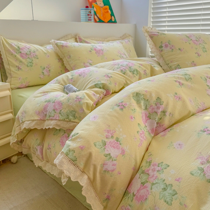 91家纺网 家纺一手货源 找家纺 艾特你 2025新款云感双层纱镂空花边四件套 花边款-安娜花园