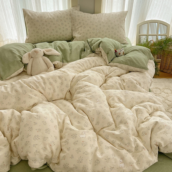 91家纺网 家纺一手货源 找家纺 瑞莱 2025新款开学季全棉纯棉萌趣印花四件套 兔兔紫罗兰