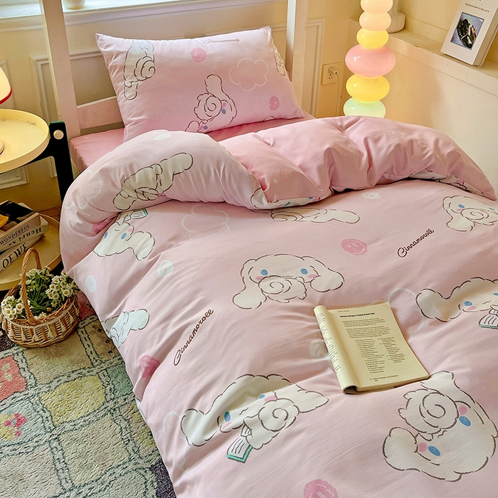 91家纺网 家纺一手货源 找家纺 海岛哥哥 2025新款A类云朵水洗棉三丽鸥正版授权四件套-学生床 三丽鸥-软萌玉桂狗粉