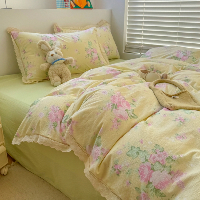 91家纺网 家纺一手货源 找家纺 艾特你 2025新款云感双层纱镂空花边四件套 花边款-安娜花园