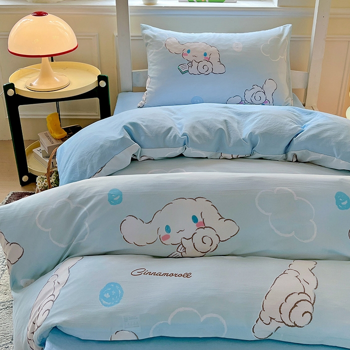 91家纺网 家纺一手货源 找家纺 海岛哥哥 2025新款A类云朵水洗棉三丽鸥正版授权四件套-学生床 三丽鸥-软萌玉桂狗蓝