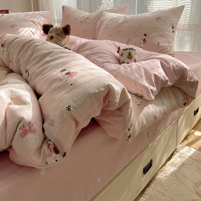 91家纺网 家纺一手货源 找家纺 瑞莱 2025新款开学季全棉纯棉萌趣印花四件套 蕾丝小狗