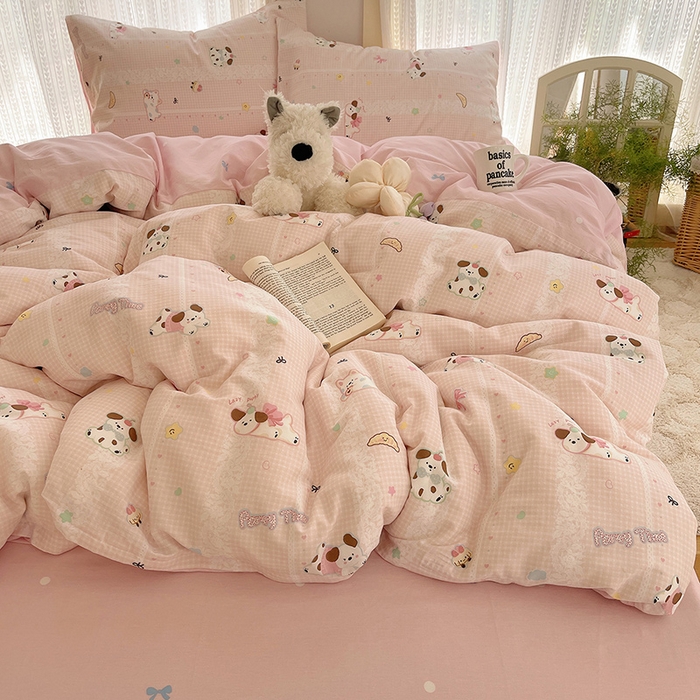 91家纺网 家纺一手货源 找家纺 瑞莱 2025新款开学季全棉纯棉萌趣印花四件套 蕾丝小狗