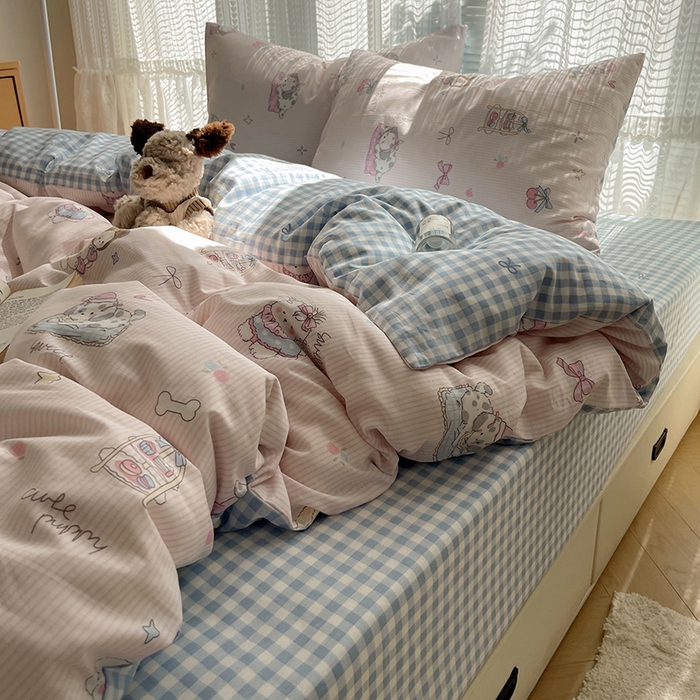 91家纺网 家纺一手货源 找家纺 瑞莱 2025新款开学季全棉纯棉萌趣印花四件套 甜品小狗