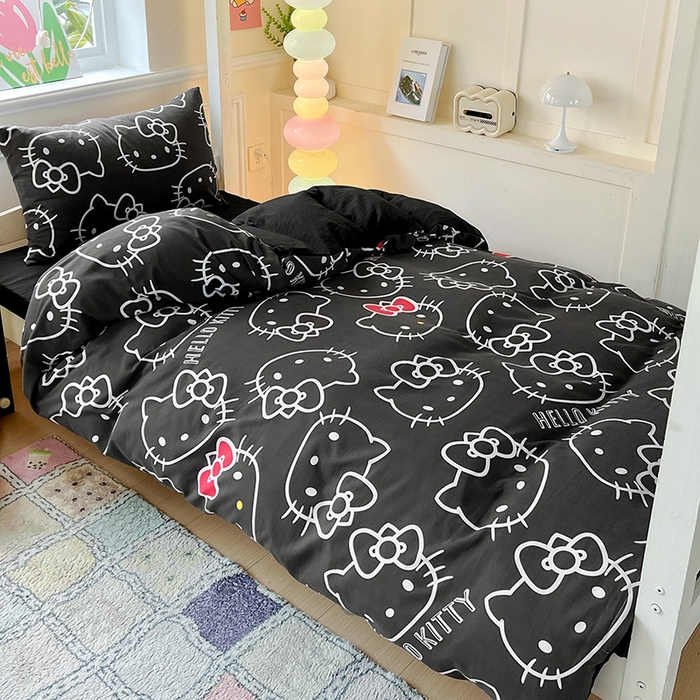 91家纺网 家纺一手货源 找家纺 海岛哥哥 2025新款A类云朵水洗棉三丽鸥正版授权四件套-学生床 三丽鸥-黑白KT