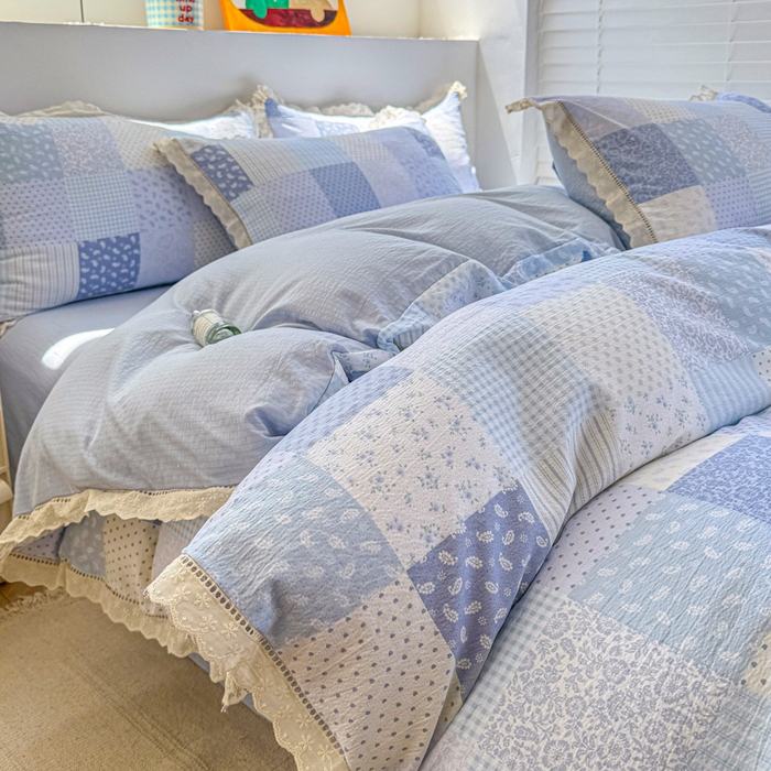 91家纺网 家纺一手货源 找家纺 艾特你 2025新款云感双层纱镂空花边四件套 花边款-半亩花园