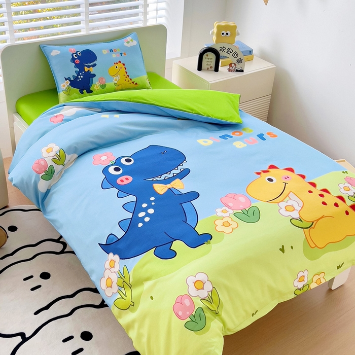 91家纺网 家纺一手货源 找家纺  2025新品全棉大版幼儿园三件套儿童被褥六件套宝宝午睡入园婴儿床床上用品 恐龙花园