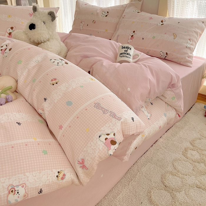 91家纺网 家纺一手货源 找家纺 瑞莱 2025新款开学季全棉纯棉萌趣印花四件套 蕾丝小狗