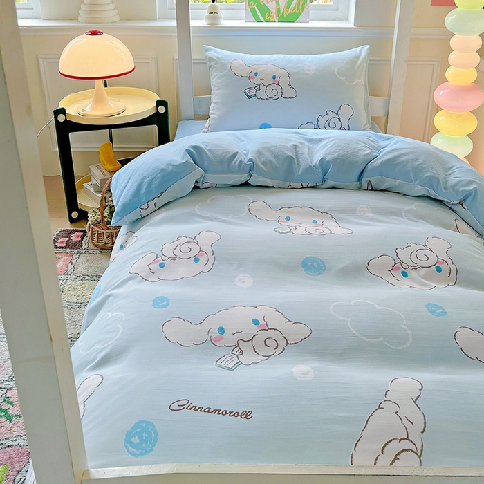 91家纺网 家纺一手货源 找家纺 海岛哥哥 2025新款A类云朵水洗棉三丽鸥正版授权四件套-学生床 三丽鸥-软萌玉桂狗蓝