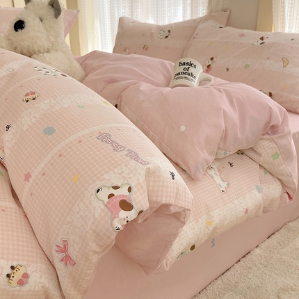 瑞莱 2025新款开学季全棉纯棉萌趣印花四件套 蕾丝小狗