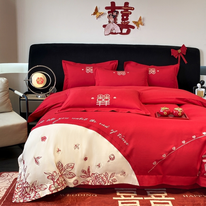 91家纺网 家纺一手货源 找家纺 青柚 2025新款高端婚庆刺绣四件套（标准不低于158加大不低于168以此类推，低价必投不撤销） 余生欢喜