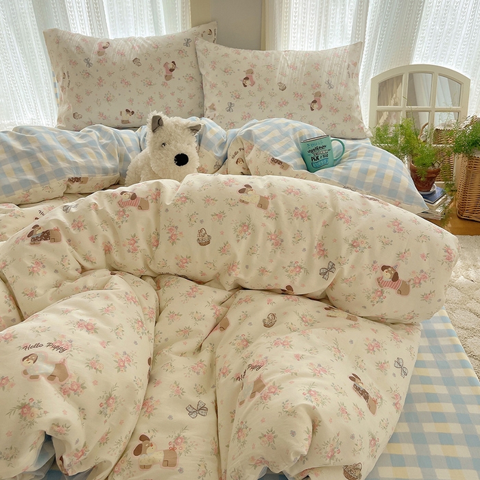 91家纺网 家纺一手货源 找家纺 瑞莱 2025新款开学季全棉纯棉萌趣印花四件套 花田小狗