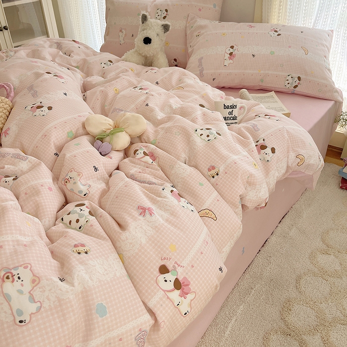 91家纺网 家纺一手货源 找家纺 瑞莱 2025新款开学季全棉纯棉萌趣印花四件套 蕾丝小狗