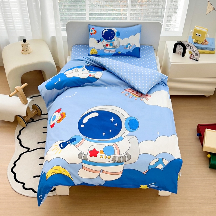 91家纺网 家纺一手货源 找家纺 2025新品全棉大版幼儿园三件套儿童被褥六件套宝宝午睡入园婴儿床床上用品 宇宙探险