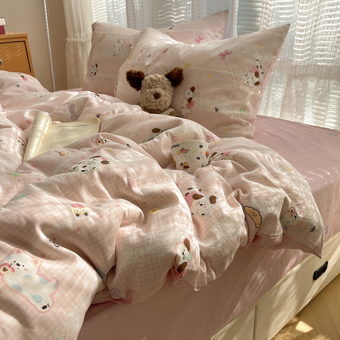 91家纺网 家纺一手货源 找家纺 瑞莱 2025新款开学季全棉纯棉萌趣印花四件套 蕾丝小狗