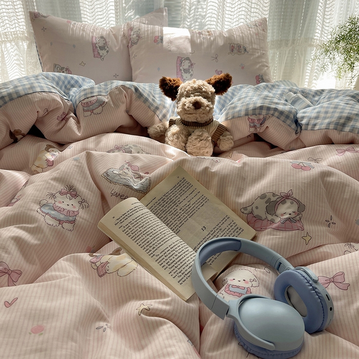 91家纺网 家纺一手货源 找家纺 瑞莱 2025新款开学季全棉纯棉萌趣印花四件套 甜品小狗