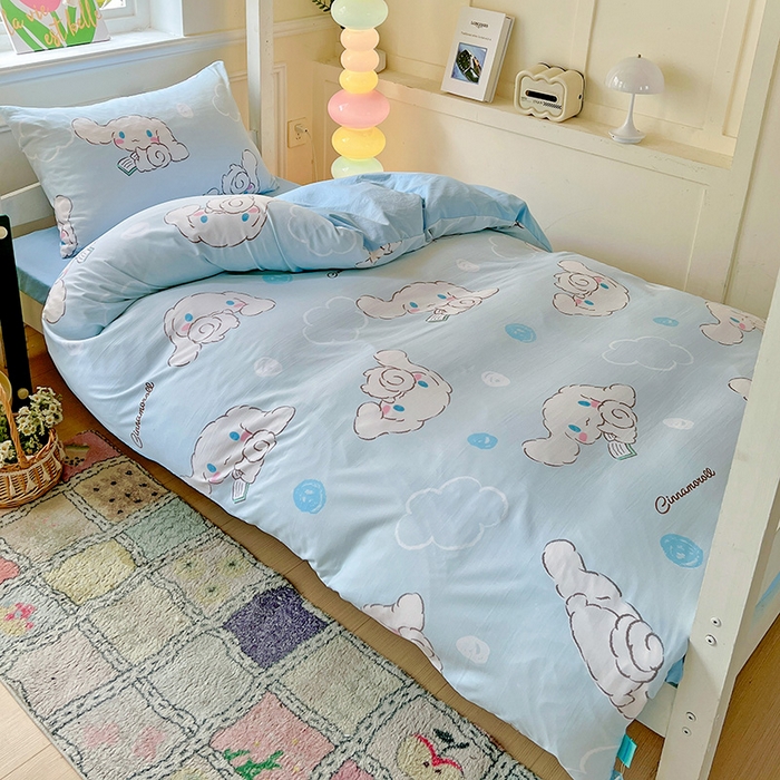 91家纺网 家纺一手货源 找家纺 海岛哥哥 2025新款A类云朵水洗棉三丽鸥正版授权四件套-学生床 三丽鸥-软萌玉桂狗蓝