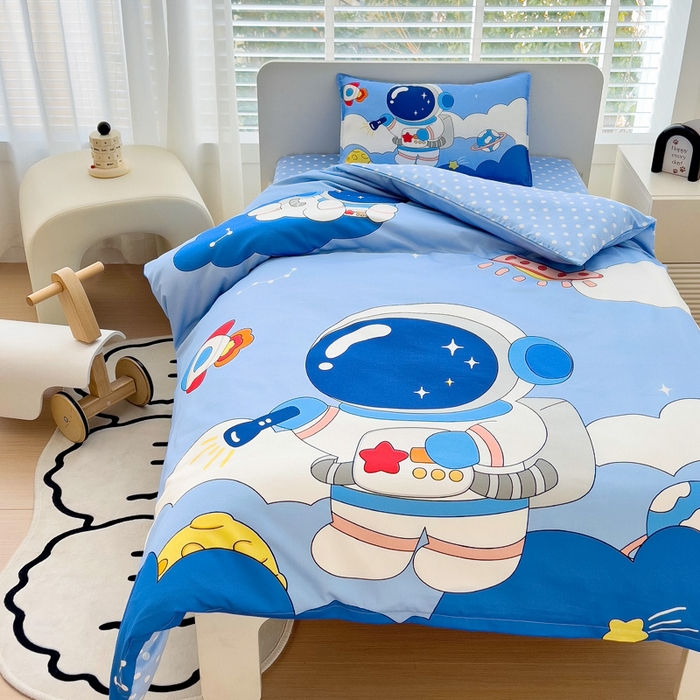 91家纺网 家纺一手货源 找家纺 2025新品全棉大版幼儿园三件套儿童被褥六件套宝宝午睡入园婴儿床床上用品 宇宙探险