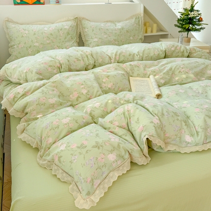 艾特你 2025新款云感双层纱镂空花边四件套 花边款-绿木槿