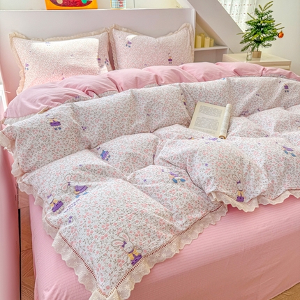 91家纺网 家纺一手货源 找家纺 （总）艾特你 2025新款云感双层纱镂空花边四件套学生宿舍三件套木棉1