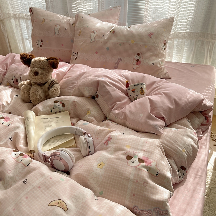 91家纺网 家纺一手货源 找家纺 瑞莱 2025新款开学季全棉纯棉萌趣印花四件套 蕾丝小狗