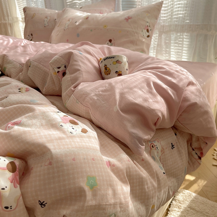 91家纺网 家纺一手货源 找家纺 瑞莱 2025新款开学季全棉纯棉萌趣印花四件套 蕾丝小狗