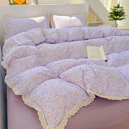 艾特你 2025新款云感双层纱镂空花边四件套 花边款-紫色花漫
