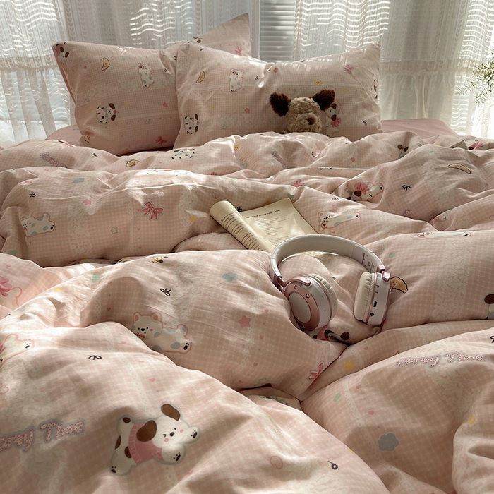 91家纺网 家纺一手货源 找家纺 瑞莱 2025新款开学季全棉纯棉萌趣印花四件套 蕾丝小狗