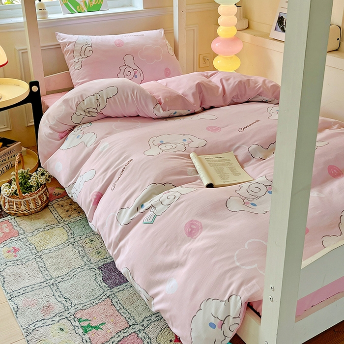 91家纺网 家纺一手货源 找家纺 海岛哥哥 2025新款A类云朵水洗棉三丽鸥正版授权四件套-学生床 三丽鸥-软萌玉桂狗粉