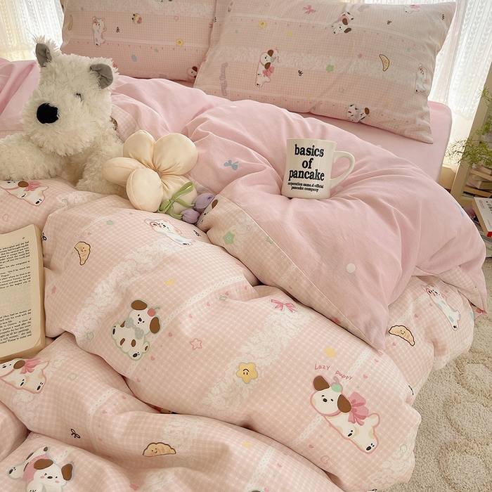 91家纺网 家纺一手货源 找家纺 瑞莱 2025新款开学季全棉纯棉萌趣印花四件套 蕾丝小狗