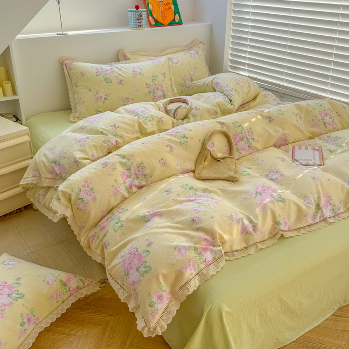 91家纺网 家纺一手货源 找家纺 艾特你 2025新款云感双层纱镂空花边四件套 花边款-安娜花园