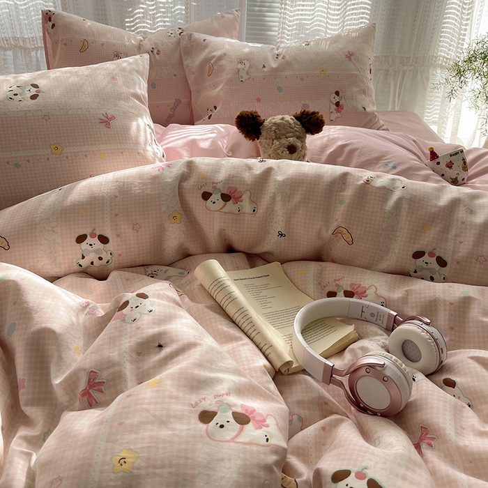 91家纺网 家纺一手货源 找家纺 瑞莱 2025新款开学季全棉纯棉萌趣印花四件套 蕾丝小狗