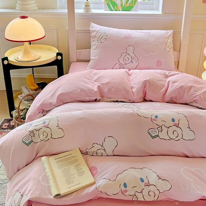 91家纺网 家纺一手货源 找家纺 海岛哥哥 2025新款A类云朵水洗棉三丽鸥正版授权四件套-学生床 三丽鸥-软萌玉桂狗粉