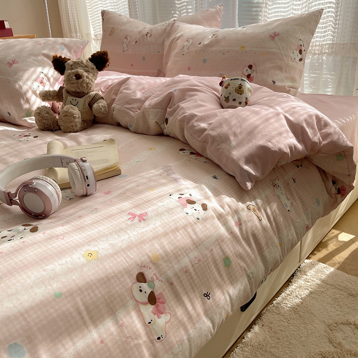 91家纺网 家纺一手货源 找家纺 瑞莱 2025新款开学季全棉纯棉萌趣印花四件套 蕾丝小狗