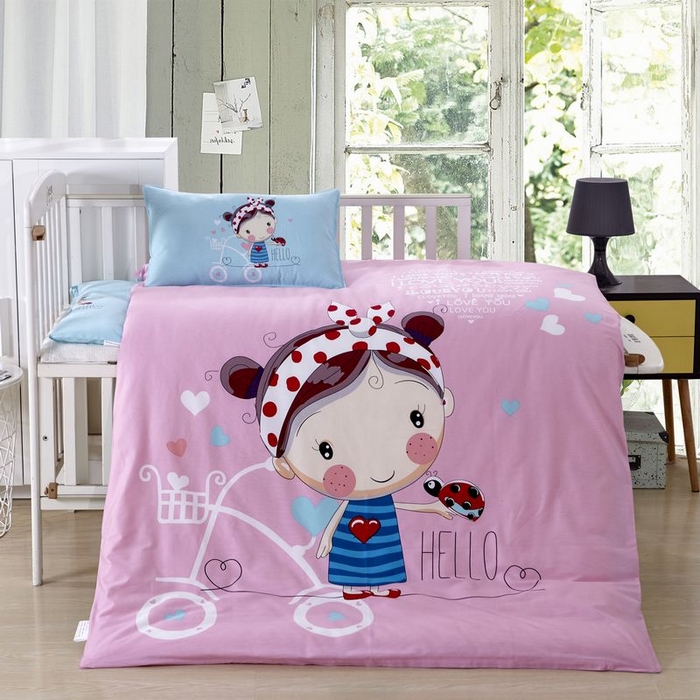 91家纺网 家纺一手货源 找家纺 2025新品全棉大版幼儿园三件套儿童被褥六件套宝宝午睡入园婴儿床床上用品 糖果女孩